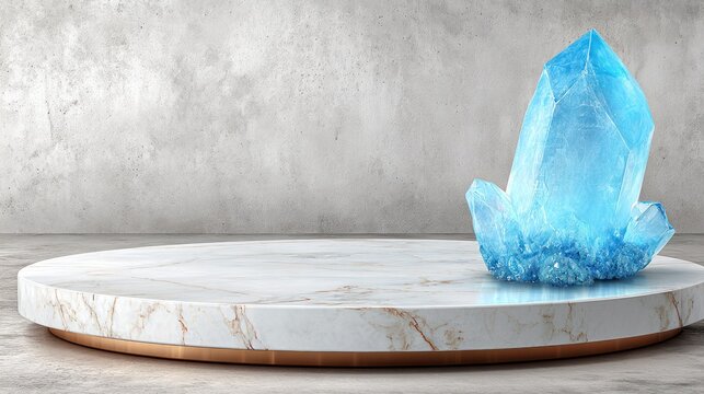 Illuminated blue crystal formation rests upon a polished circular marble pedestal