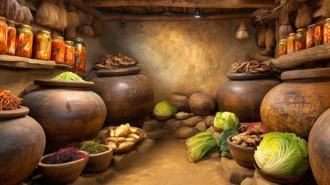 Traditional Fermentation Cella with Pottery and Fresh Ingredients for Artisanal Kimchi Preparation