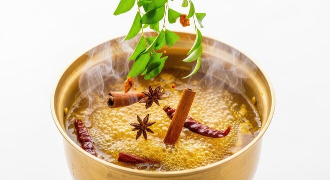 Aromatic spices and fresh green curry leaves drop into a steaming brass pot of traditional golden soup with visible vapor and bubbles, cumin, vessel, golden