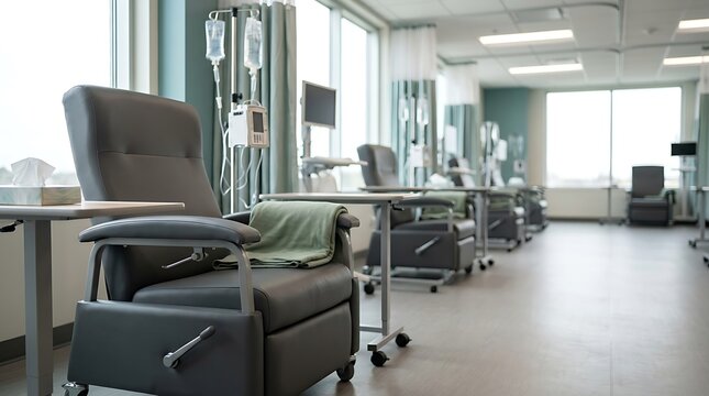 Modern medical infusion center with empty recliner chairs in bright clinical treatment room