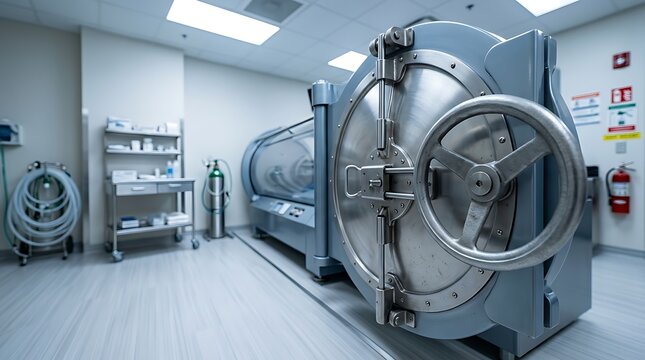 Modern medical hyperbaric oxygen chamber in sterile clinical facility with advanced equipment