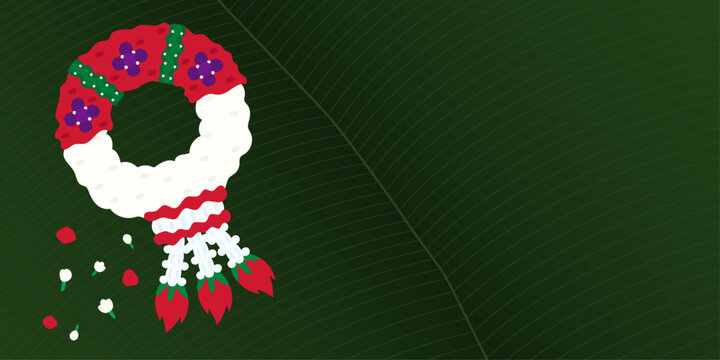 Hand drawn vector illustration of white jasmine garlands and red roses on green banana leaf background for Mother's Day. Design for Background, Backdrop, Wallpaper, Template, Poster, Banner.