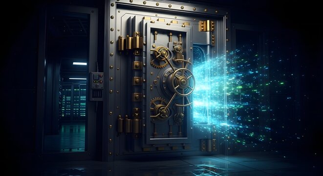 A massive steel bank vault door with glowing digital data streams emerging from the open interior.