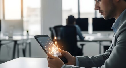 Fototapeta premium A Professional Businessman Examines Glowing Financial Market Growth Graphs On A Modern Tablet Screen.