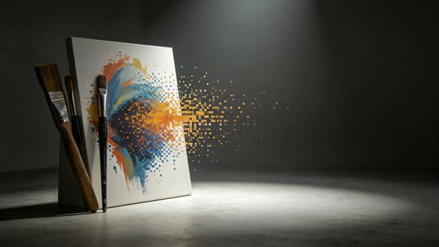 Creative AI paintbrushes digital pixels merging original artwork