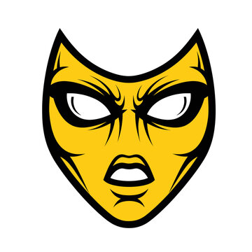 Superhero Mask Icon, Comic Book Character Face, Yellow Mask with Angry Expression