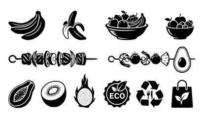 Sustainable food icon set with fruit bowl bananas skewers and organic produce vector graphics © abdul