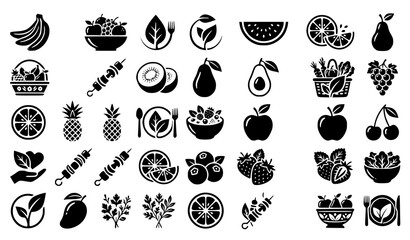 Healthy food silhouette icon collection featuring bananas fruit bowls and organic dining elements © abdul