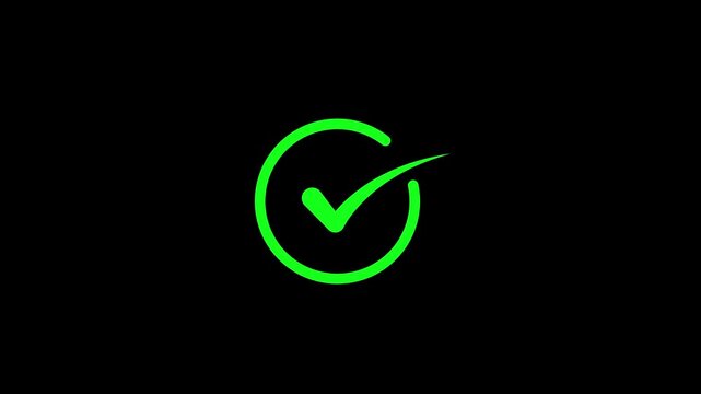 Correct sign and approval symbol animation on Black background. animated check mark for success. check mark sign, verify complete sign, approved, select tick, success , approved, yes icon signs
