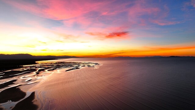 Spectacular aerial sunset of Bushland Beach Townsville Queensland, Australia