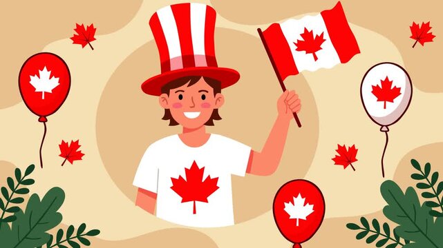 Festive Canada Day scene featuring a smiling person waving the Canadian flag, surrounded by maple leaf balloons and decorations. Ideal for national holiday promotions, celebrations, greetings