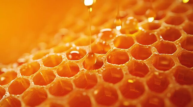 Close up view of fresh golden honey dripping onto a natural honeycomb structure.