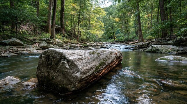 obstruction. A large river stone blocking a drifting log in a shallow stream. travel magazines, destination branding, wall prints, designed for travel destination branding, used by data scientists.