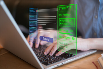 Obraz premium Person using AI agent workflow automation system technology innovation process citation data analysis information network, research and development concept