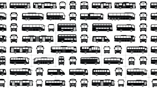 Black silhouettes of city buses, double-decker buses, coaches, and minibuses for transportation and design projects