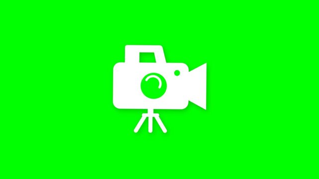 Minimalist white video camera icon with tripod on vibrant green screen background for digital media