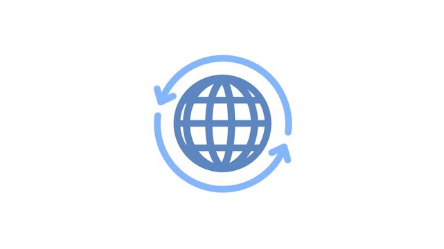 Animated globe with circular synchronization arrows representing global data exchange. Transparent background, 4K resolution.