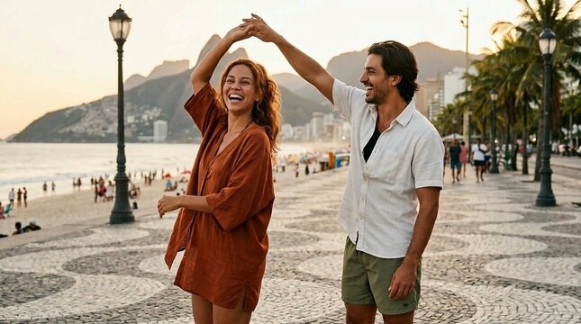 Happy couple dancing and spinning on Copacabana promenade at golden sunset, Rio de Janeiro beach and mountains in background