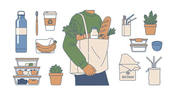 Person holding tote bag surrounded by zero waste lifestyle items