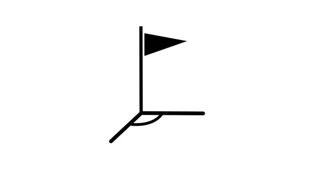 Minimalist 2D line animation drawing a soccer field corner with flag and arc on isolated white background 