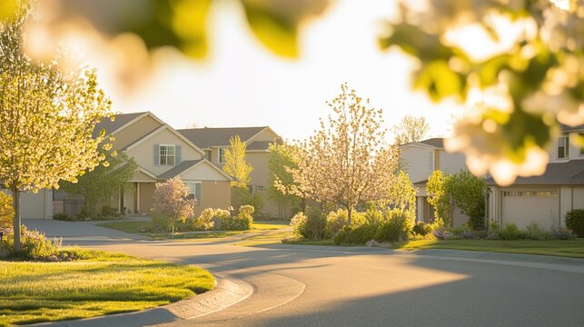 suburb. A charming residential street with flowering trees and pastel-colored houses under golden sunlight. travel magazines, destination branding, designed for outdoor magazines and nature guides.