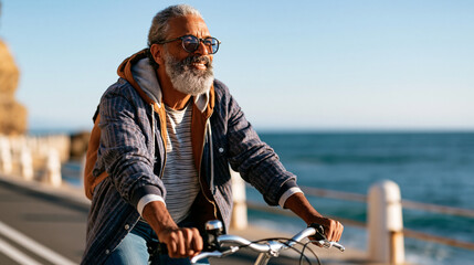 Fototapeta premium A senior Hispanic man rides softly a bright bicycle along a calm sunny coastal path in natural daylight coastal cycling open face sunny outdoors natural light candid moment