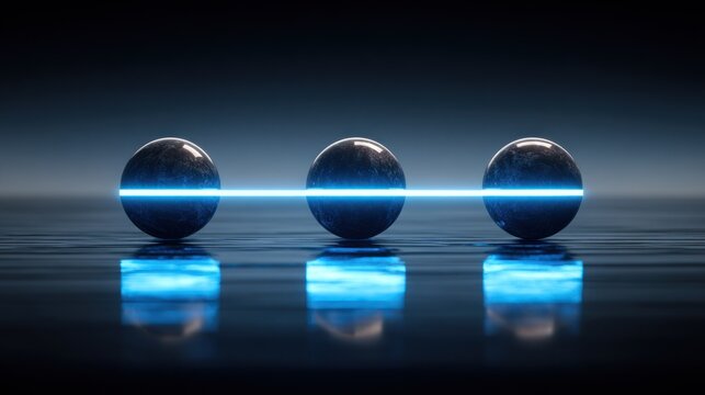 Three polished spheres align horizontally connected by a vibrant blue light beam on a dark reflective surface.