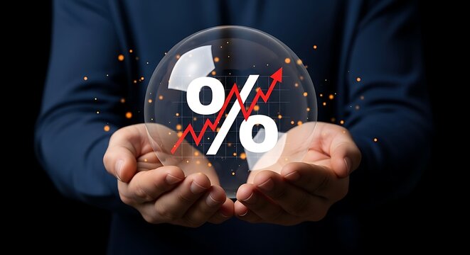 Hands holding transparent bubble with percentage sign and rising red arrow graph symbol
