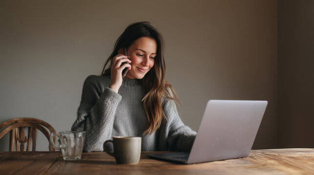 Woman working from home on laptop while talking on phone, remote work lifestyle, freelance business, online communication, home office, digital productivity, cozy workspace and mod