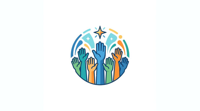 Diverse hands raised in colorful circle with star, symbolizing teamwork, community, and success