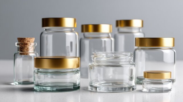 Luxury glass jars with gold lids, assorted sizes grouped on neutral surface, thick glass bases and smooth screw lids, soft warm lighting creating elegant highlights, minimalist labels and reusable