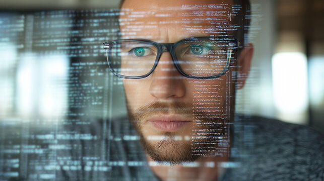 Realistic close-up portrait of focused software developer behind transparent code interface, programming concentration, IT professional, software engineering, cybersecurity analysi