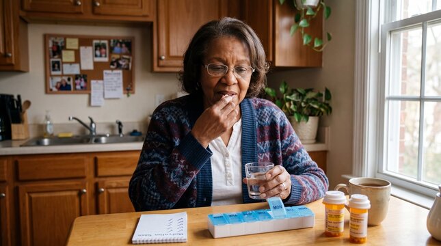 Senior woman taking medication at home, sitting at kitchen table with pill organizer, prescription bottles, glass of water, and notepad, showing care and responsibility for health