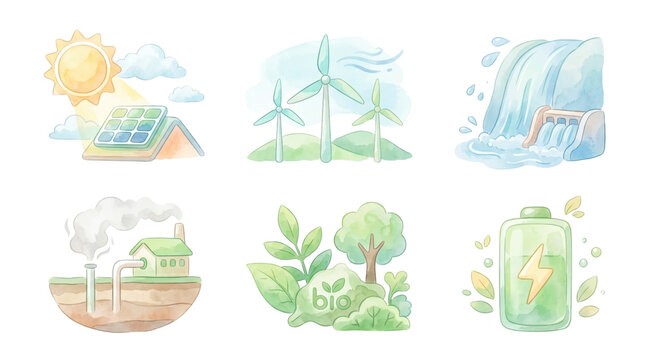 Watercolor Clean Energy and Renewable Energy Clipart Set Featuring Solar Power Wind Energy Hydropower Green Technology Bio Energy and Sustainable Battery Isolated PNG Transparent Background