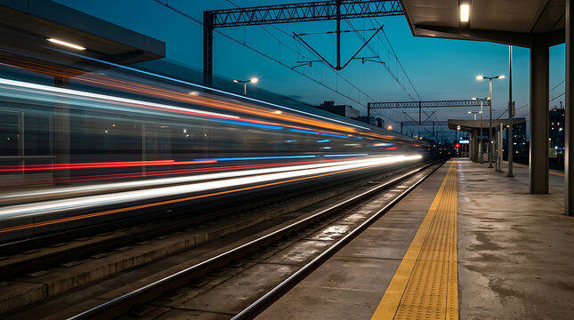 Vibrant light streaks of a speedy train blur across a railway station platform, long exposure at twilight