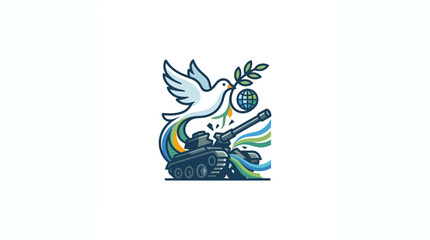 Fototapeta premium Dove of Peace with Olive Branch and Globe over Tank, Symbolizing Hope and End of War