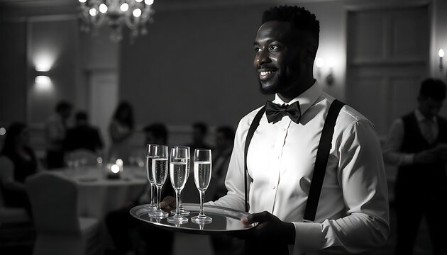 Professional waiter serving wine glasses at elegant indoor event in black and white style