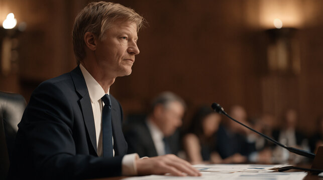 Senior economist testifying before joint monetary policy committee, printed charts arranged on table, senators leaning into microphones as financial press corps and gallery