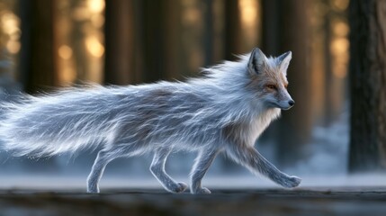 Fototapeta premium Enchanted Forest Scene Featuring a Glowing Crystal Fox Running Through Mystic Nature at Dusk