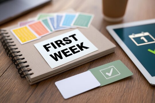 New hire onboarding materials with first week notebook and task cards on office desk