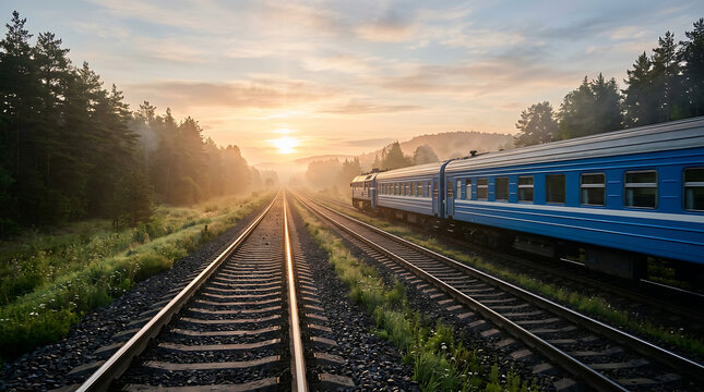 Scenic morning journey A classic passenger train glides along tracks through a misty forest at sunrise
