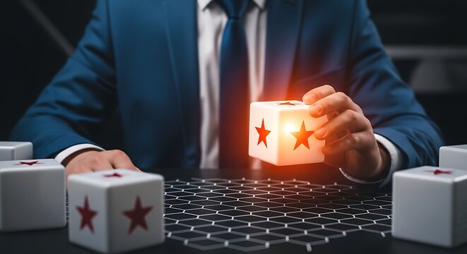 Businessman's hand holding glowing cube with red stars over grid light