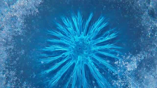 Supercooled icy blue liquid and frost forming a surreal microscopic pathogen structure