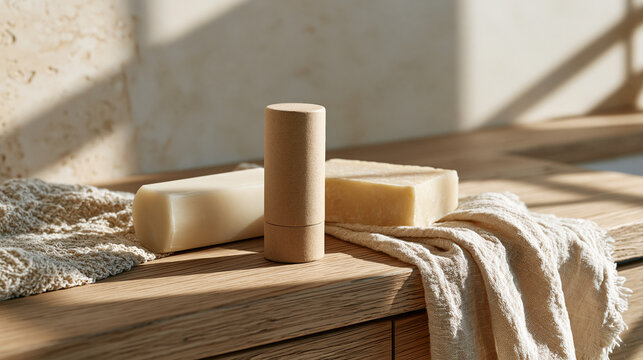 Plastic-free natural deodorant in a cardboard push-up tube resting beside a bar of unscented soap and a recycled cloth on a wooden bathroom counter, eco-conscious personal care