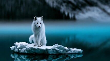 Fototapeta premium Majestic White Arctic Fox Standing on Floating Ice in a Frozen Landscape Amidst Peaceful Scenery