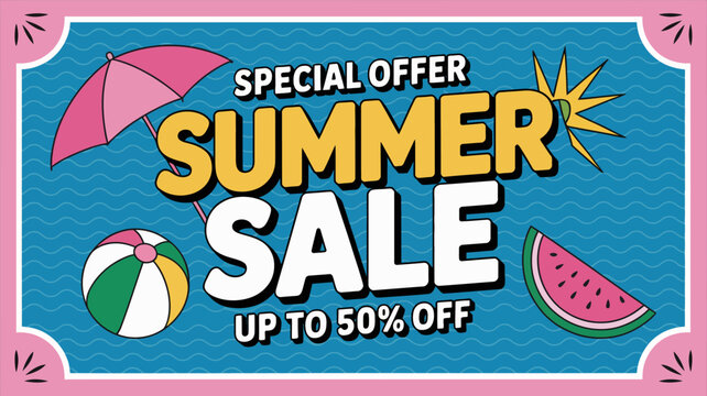 summer sale advertisement vector umbrella beachball watermelon special offer discount promotion seasonal marketing retail consumerism blue background pink border cartoon style