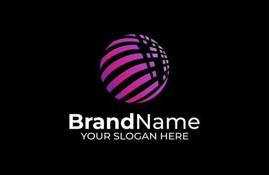 Modern globe logo featuring curved stripe elements and a purple gradient effect. Futuristic branding symbol for technology companies, startups, digital communication, innovation, software services and