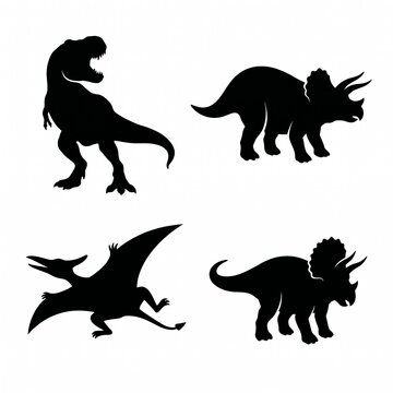 Black Silhouette Set of Dinosaurs T-Rex Triceratops and Pterodactyl