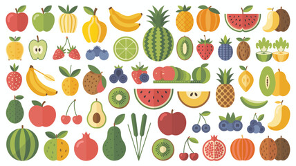 colorful fruit collection flat illustration apple banana watermelon pineapple strawberry kiwi orange pear cherry grape berry tropical healthy diet nutrition food © Roxxxxxxxxx