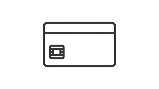 A minimalist monoline outline icon depicting a financial credit card with an embedded chip, symbolizing secure digital payments and modern banking transactions
